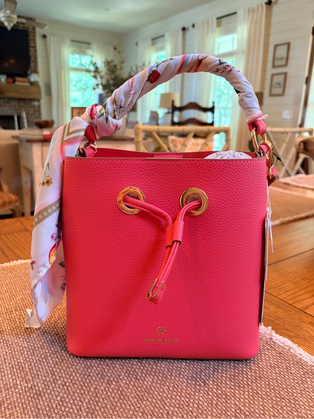 NWT NANETTE LEPORE DRAWSTRING PEBBLED LEATHER HANDBAG/CROSSBODY COLOR CORAL